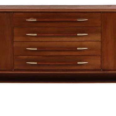 WALNUT FOUR DOOR SIDEBOARD HAVING A CENTRAL BANK OF DRAWERS AND BRONZE LEGS IN THE MANNER OF T.H.