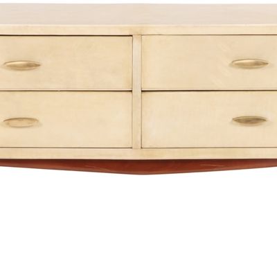 A FOUR DRAWER PARCHMENT COVERED DRESSER ON WOODEN LEGS C 1950.