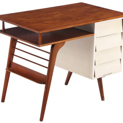 ITALIAN WOOD AND PARCHMENT COVERED WRITING DESK HAVING CANTILEVERED DRAWERS C 1950.