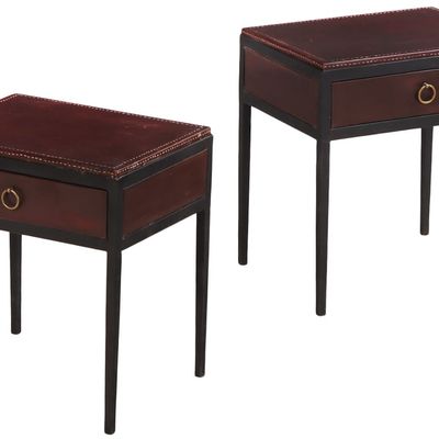 PAINTED IRON AND LEATHER END TABLES HAVING A SINGLE DRAWER IN THE MANNER OF JEAN-MICHEL FRANK.