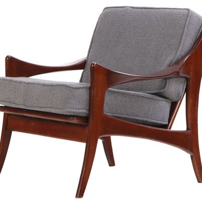 ROSEWOOD OPEN ARM CHAIR HAVING DOWN SWEPT ARMS AND NEW FABRIC.