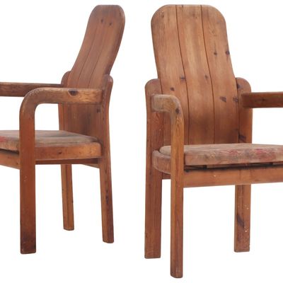 A PAIR OF FRENCH PINE BRUTALIST STYLE OPEN ARM CHAIRS C 1960