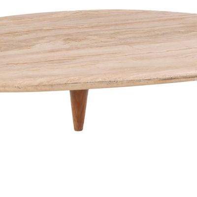 OAK COFFEE TABLE HAVING A SHAPED TRAVERTINE TOP IN THE MANNER OF ROBSJOHN-GIBBINGS