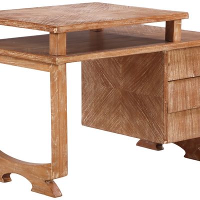 AN UNUSUAL CERUSED WOOD TIERED WRITING DESK WITH THREE DRAWERS C 1955.