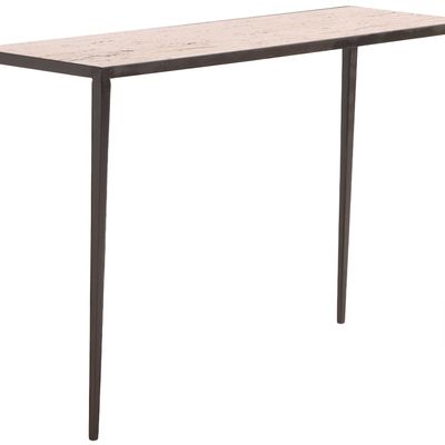 IRON CONSOLE TABLE IN THE MANNER OF JEAN-MICHEL FRANK HAVING A TRAVERTINE TOP.