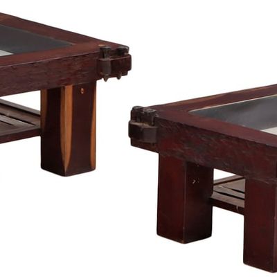 HEAVY PAIR OF BRAZILIAN END TABLES HAVING INSET GLASS TOPS AND IRON RAIL ROAD SPIKE DECORATION C