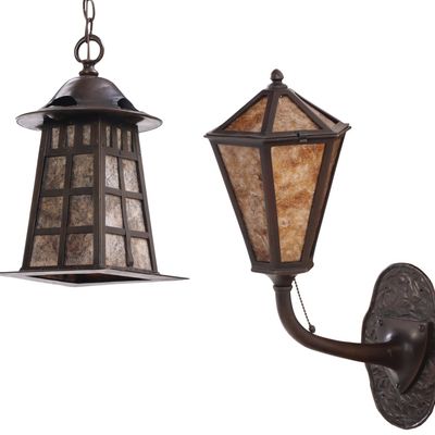 TWO ARTS AND CRAFTS HAMMERED COPPER LIGHT FIXTURES WITH RECENT AMBER MICA PANELS, INCLUDES A WALL