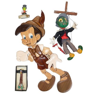 DISNEY'S PINOCCHIO COLLECTIBLES INCLUDES PELHAM & BOB BARKER JIMINY CRICKET MARIONETTES, WATCHES,