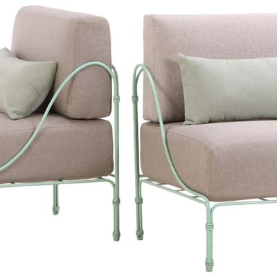 OVERSIZED PAIR OF PAINTED IRON CHAIRS WITH LOOSE CUSHION UPHOLSTERY.