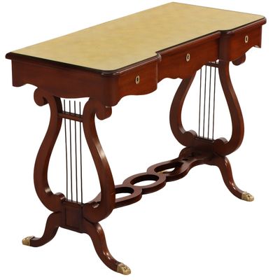MAHOGANY LYRE FORM CONSOLE TABLE HAVING THREE DRAWERS AND INSET GOLD GILT GLASS TOP ATTRIBUTED