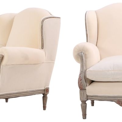 PAIR OF GREY PAINTED FRENCH LOUIS XVI STYLE BERGERE CHAIRS C 1950 WITH RECENT MUSLIN.