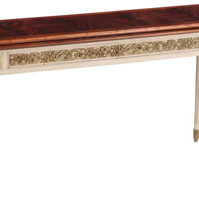 LOUIS XVI STYLE PAINTED AND CROTCH MAHOGANY BRONZE MOUNTED FLIP TOP CONSOLE TABLE COVERTING TO A