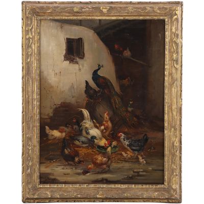 CLAUDE GUILLEMINET (FRENCH 1821-1860) "CHICKENS AND PEACOCK" OIL ON CANVAS, SIGNED GUILLEMINET,