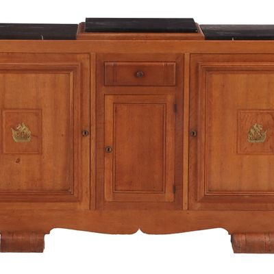 FRENCH ART DECO OAK SIDEBOARD HAVING MARBLE TOPS AND BRONZE SHIP DECORATION C 1940.