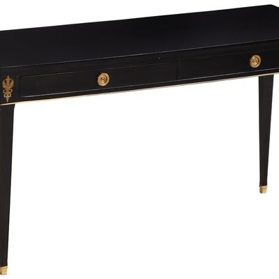 EBONIZED MAHOGANY DIRECTOIRE STYLE BRONZE MOUNTED TWO DRAWER WRITING DESK C 1950.