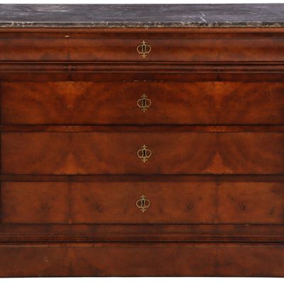 FRENCH LOUIS PHILPPE BURL WALNUT MARBLE TOP COMMODE HAVING FOUR DRAWERS C 1860.