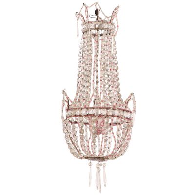 FRENCH CRYSTAL CHANDELIER HAVING PINK AND CLEAR BEADS C 1920.