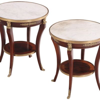 FRENCH EMPIRE STYLE MAHOGANY BRONZE MOUNTED AND MARBLE TOP TABLES C 1950.