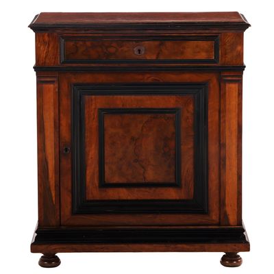 BURL WALNUT AND EBONIZED SERVER HAVING A SINGLE DRAWER WITH FALL FRONT DESK OVER A SINGLE DOOR C