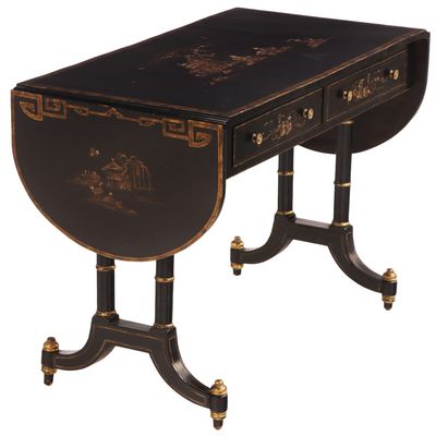 CHINOISERIE DECORATED DROPLEAF SOFA TABLE HAVING FAUX BAMBOO UPRIGHTS AND TWO DRAWERS C 1945.