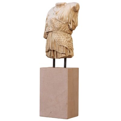 A ROMAN STYLE CARVED MARBLE PARTIAL TORSO MOUNTED TO AN IRON BASE.