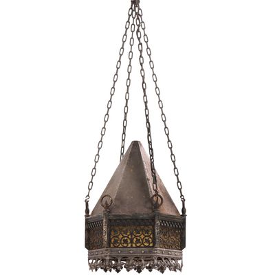 GOTHIC STYLE HANGING PENDANT LIGHT FIXTURE, METAL CONSTRUCTION WITH GLASS PANELS
