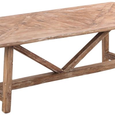 LARGE WHITE WASHED BARNWOOD FARM TABLE HAVING A STRETCHER BASE.