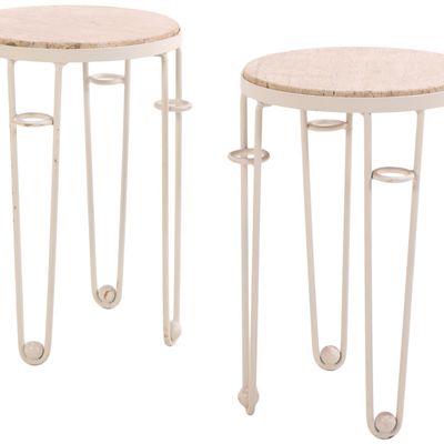 PAIR OF PAINTED IRON TABLES HAVING INSET MARBLE TOPS IN THE MANNER OF JEAN ROYERE.