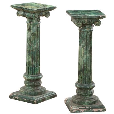 PAIR OF FAUX PAINTED AND CARVED WOOD PEDESTALS HAVING IONIC CAPITALS.