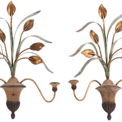 PAIR OF PAINTED AND IRON AND GESSO PAINTED ITALIAN WALL SCONCES C 1960.