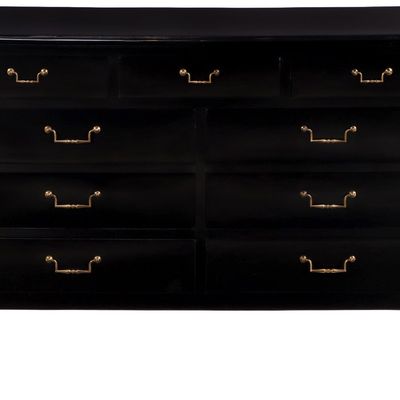 THREE OVER SIX DRAWER LOUIS XVI STYLE EBONIZED DRESSER WITH BRASS HARDWARE C 1950.
