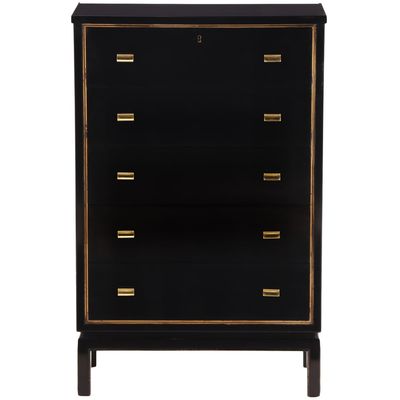 FIVE DRAWER EBONIZED MAHOGANY TALL CHEST WITH GILT HIGHLIGHTS AND BRASS HARDWARE.