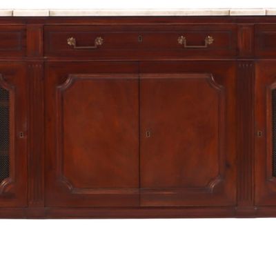 MAHOGANY MARBLE TOP SIDEBOARD HAVING THREE DRAWERS OVER TWO DOORS OPENING TO A BANK OF DRAWERS