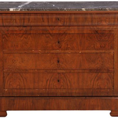 FRENCH LOUIS PHILIPPE FIGURED WALNUT MARBLE TOP FOUR DRAWER DRESSER C 1860 HAVING EXOTIC WOOD