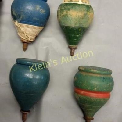 4 antique wood spinning tops nice!