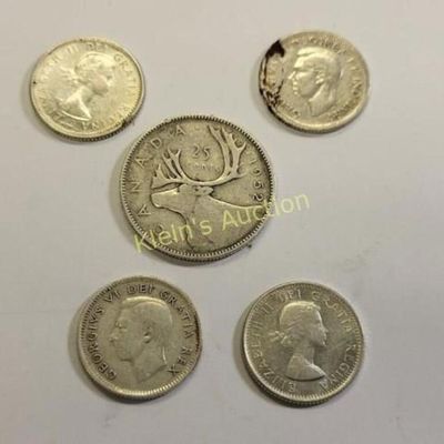 5 silver Canada coins dimes, quarter 1951-52+