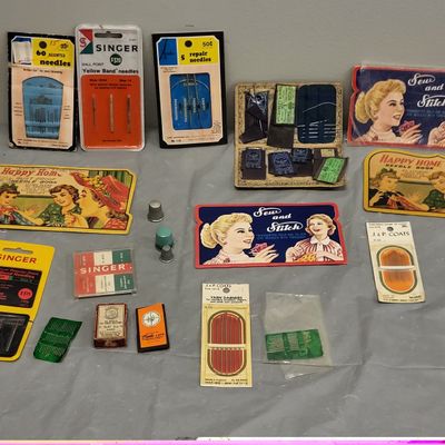 large antique sewing needle lot w/ thimbles too!