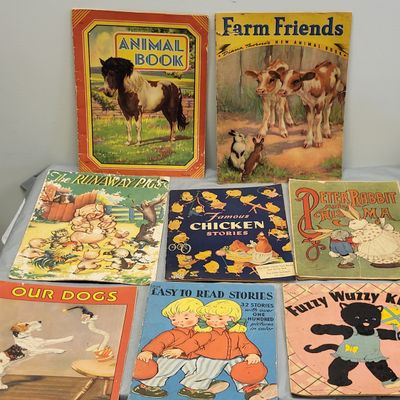 8 antique children books, animal. farm runaway pigs