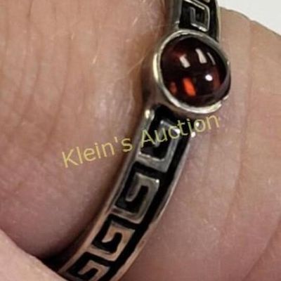 sterling silver Greek key ring design w/ ruby synt