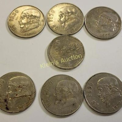 vtg Mexico coins lot of 7 pesos, 1& 5