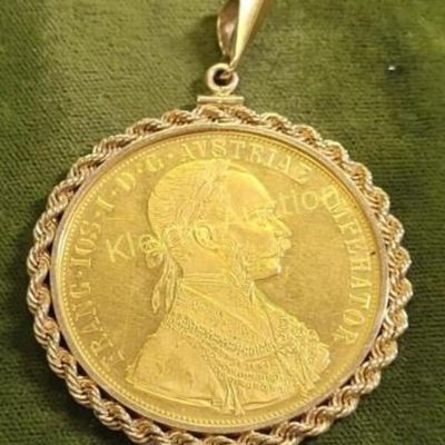 1915 gold 4 ducat coin in 14K rope bezel