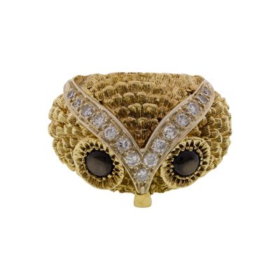Sale Photo Thumbnail #472: 14k Yellow Gold, Sapphire and Diamond Owl Ring