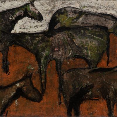 Casey McGlynn (Canadian, b.1970) '5 Horses on Orange Field' Oil on Canvas