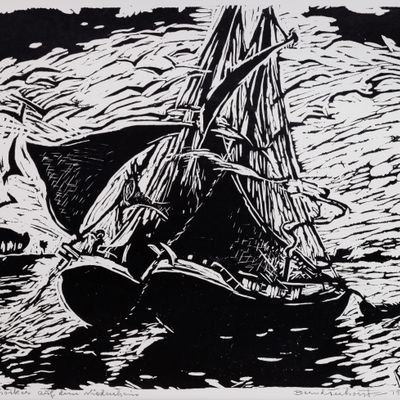Sale Photo Thumbnail #162: Bernd Terhorst (German, 1893-1986) 'Aalboote auf dem Niederrhein' Linocut