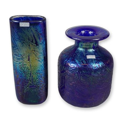 2pc Gozo Glass Iridescent Studio Glass Vases