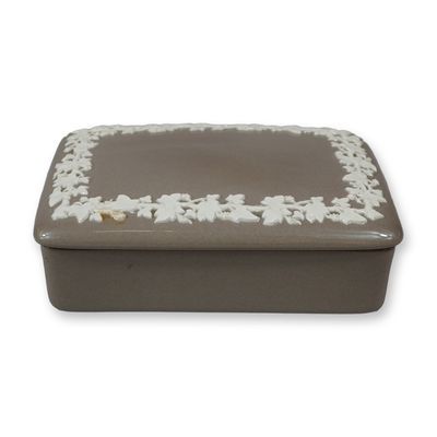 Wedgwood Embossed Queen's Ware Taupe and White Grapevine Trinket Box