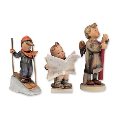 3pc Goebel Hummel Porcelain Figurines, Candlelight Christmas, Skier & Latest News