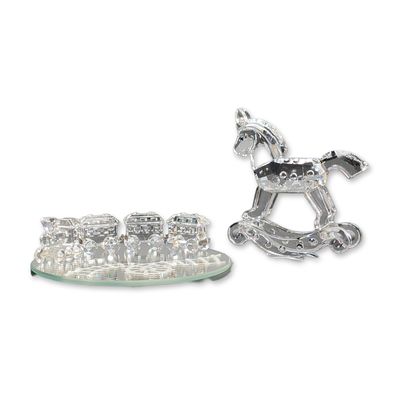 5pc Swarovski Silver Crystal Figurines and Base, Rocking Horse and Train Set