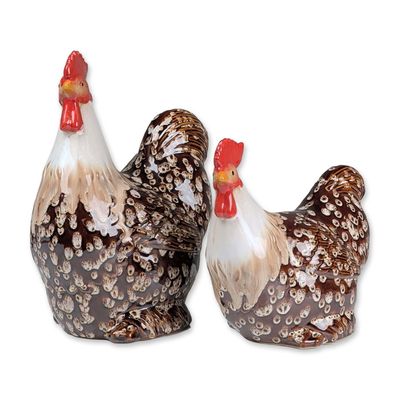 2pc Farmhouse Brown and White Speckled Glazed Ceramic Hen Figurines