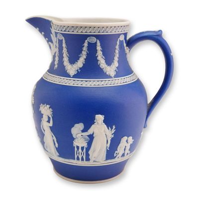 Wedgwood Cobalt Blue Jasperware Pitcher with Classical White Reliefs